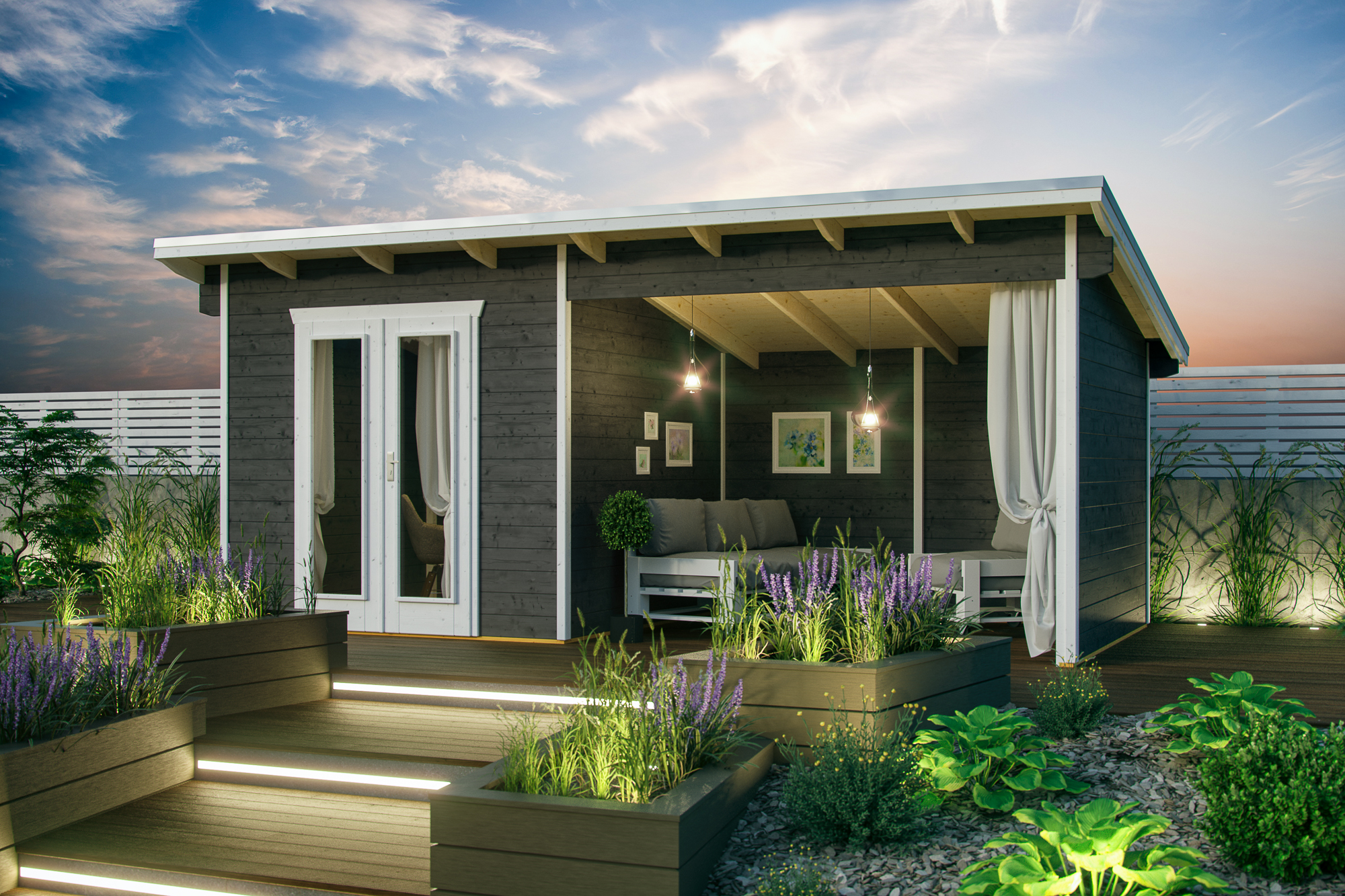 Gartenhaus Texel Schiefergrau mit Hintergrund