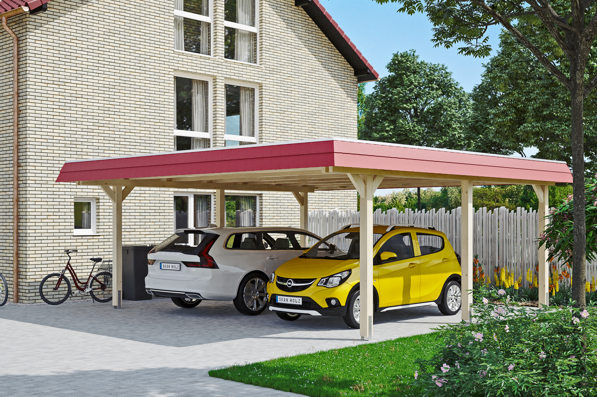 Carport Wendland 5 unbehandelt rote Blende mit Hintergrund