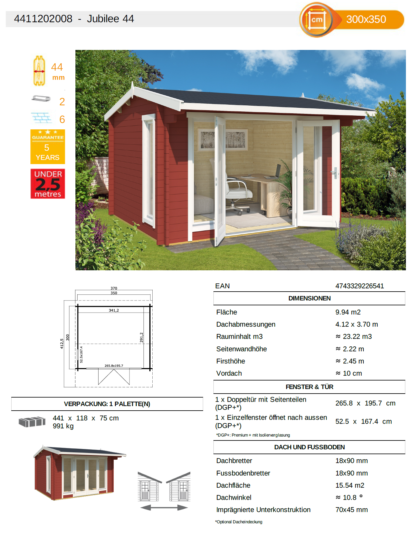 Gartenhaus Jubilee 44 Datenblatt Schwedenrot