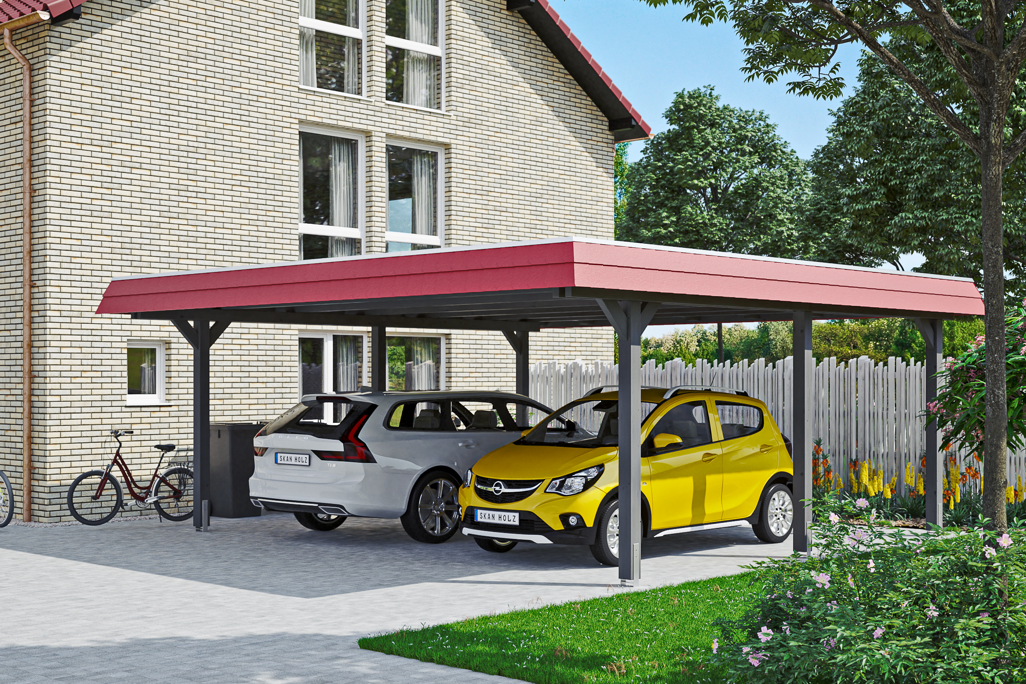 Carport Wendland 5 Schiefergrau rote Blende mit Hintergrund