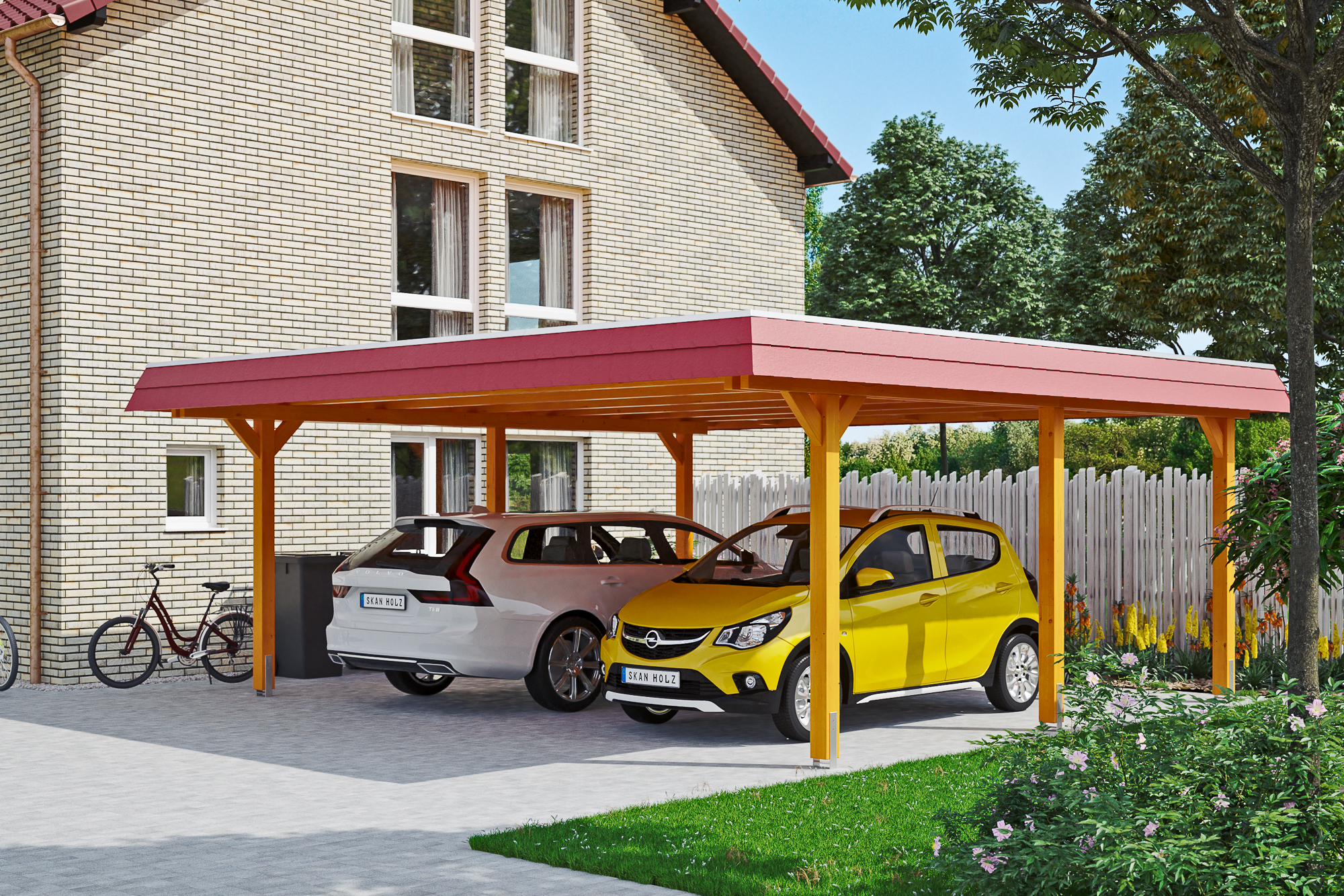 Carport Wendland 5 Eiche hell rote Blende mit Hintergrund