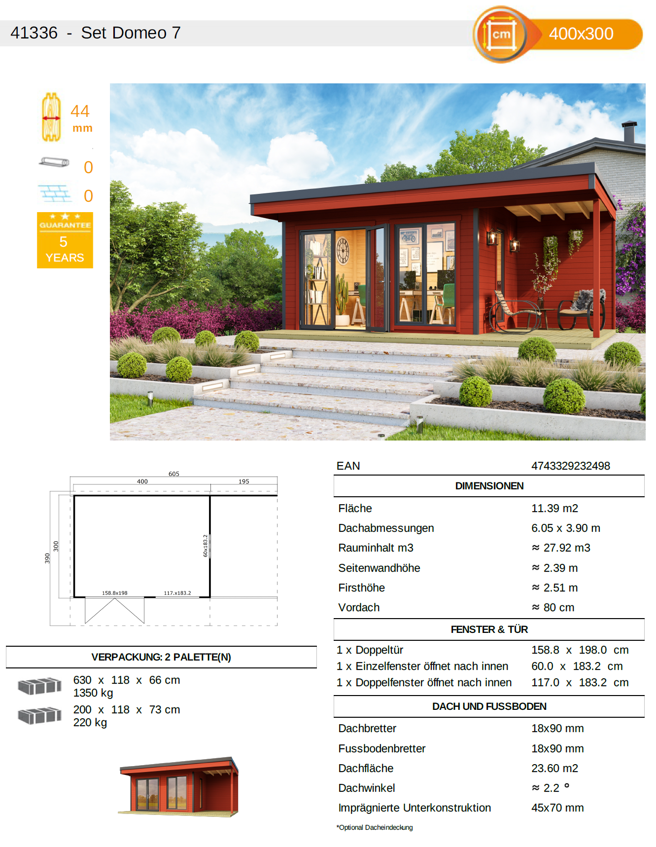 Gartenhaus Domeo 7 Datenblatt Schwedenrot