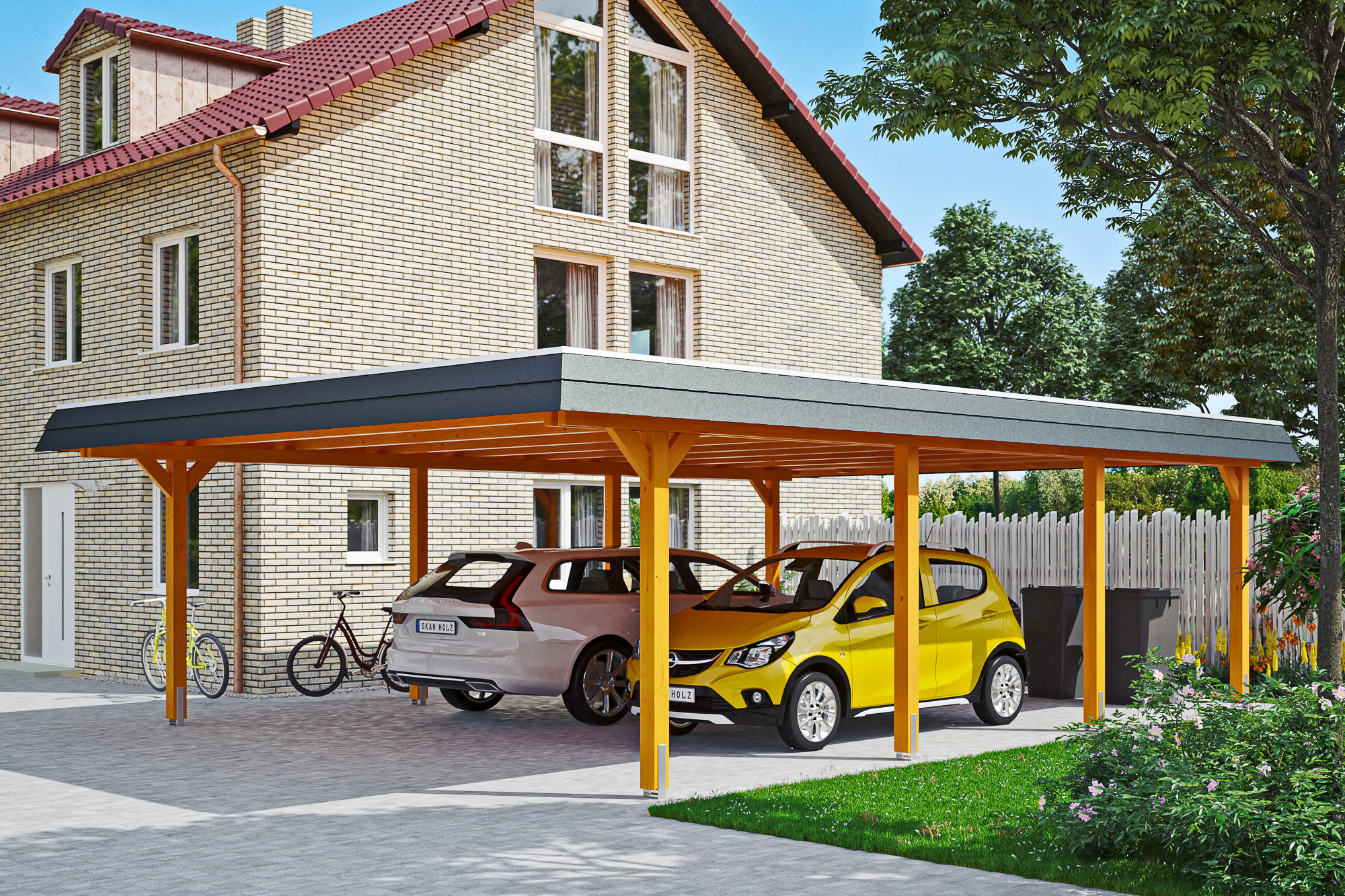 Carport Wendland 6 Eiche hell schwarze Blende mit Hintergrund
