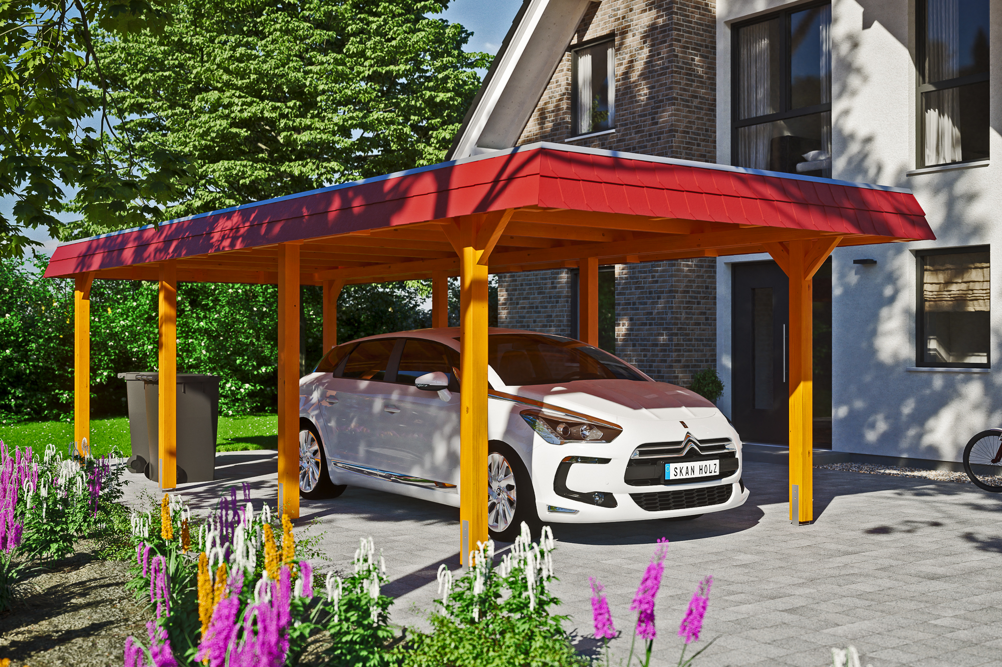 Carport Wendland 2 Eiche hell rote Blende mit Hintergrund