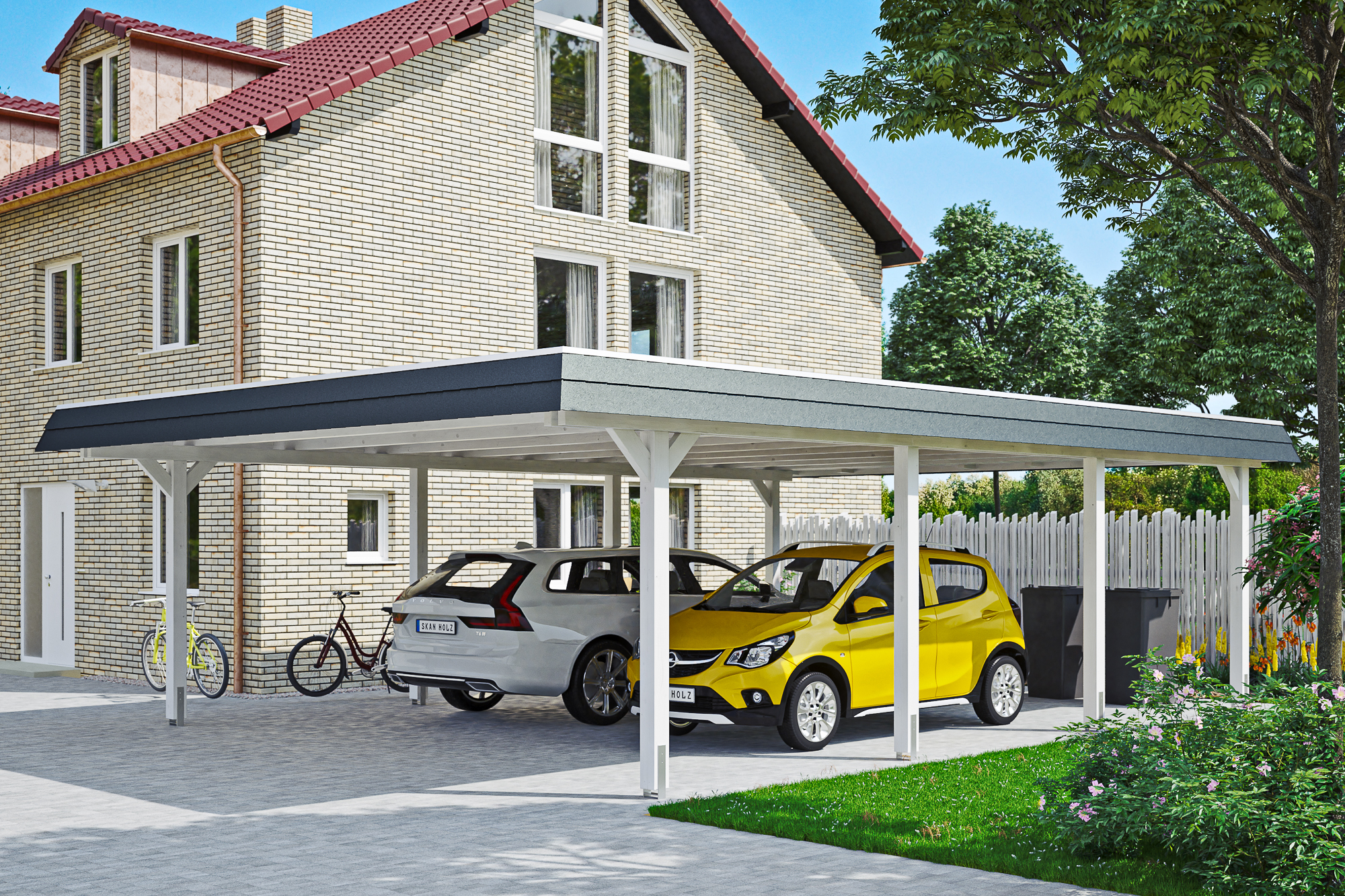 Carport Wendland 6 Weiß schwarze Blende mit Hintergrund