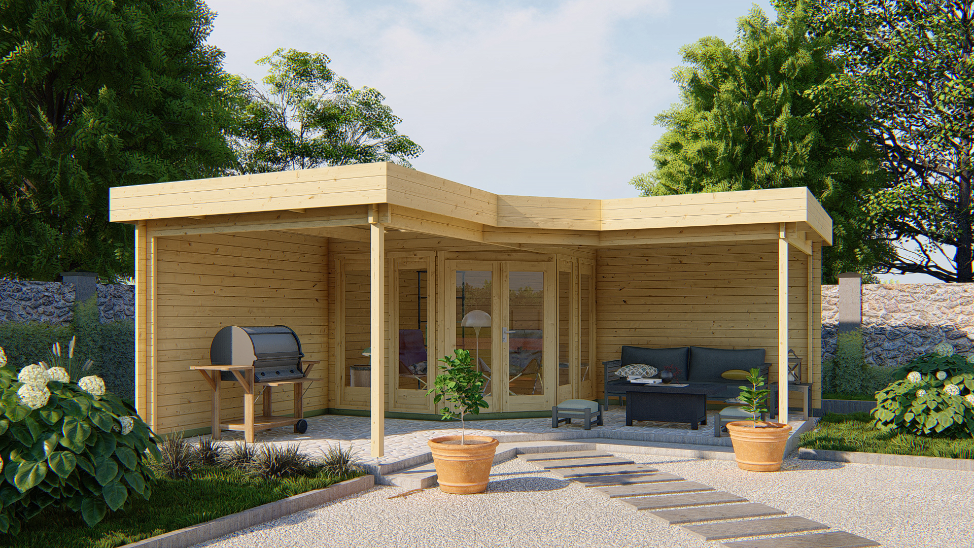 5-Eck-Gartenhaus Funen ISO mit Terrasse