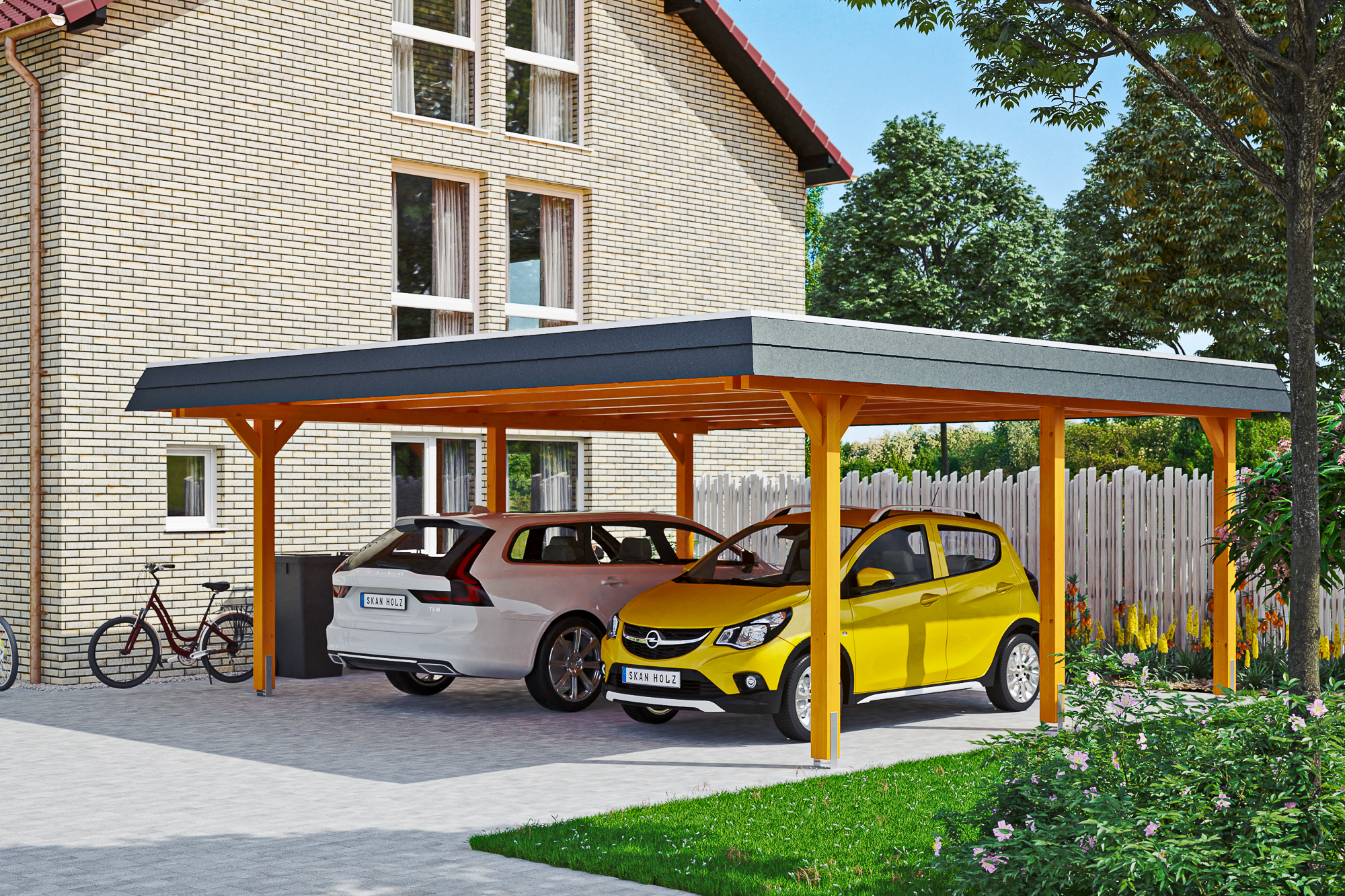 Carport Wendland 5 Eiche hell schwarze Blende mit Hintergrund