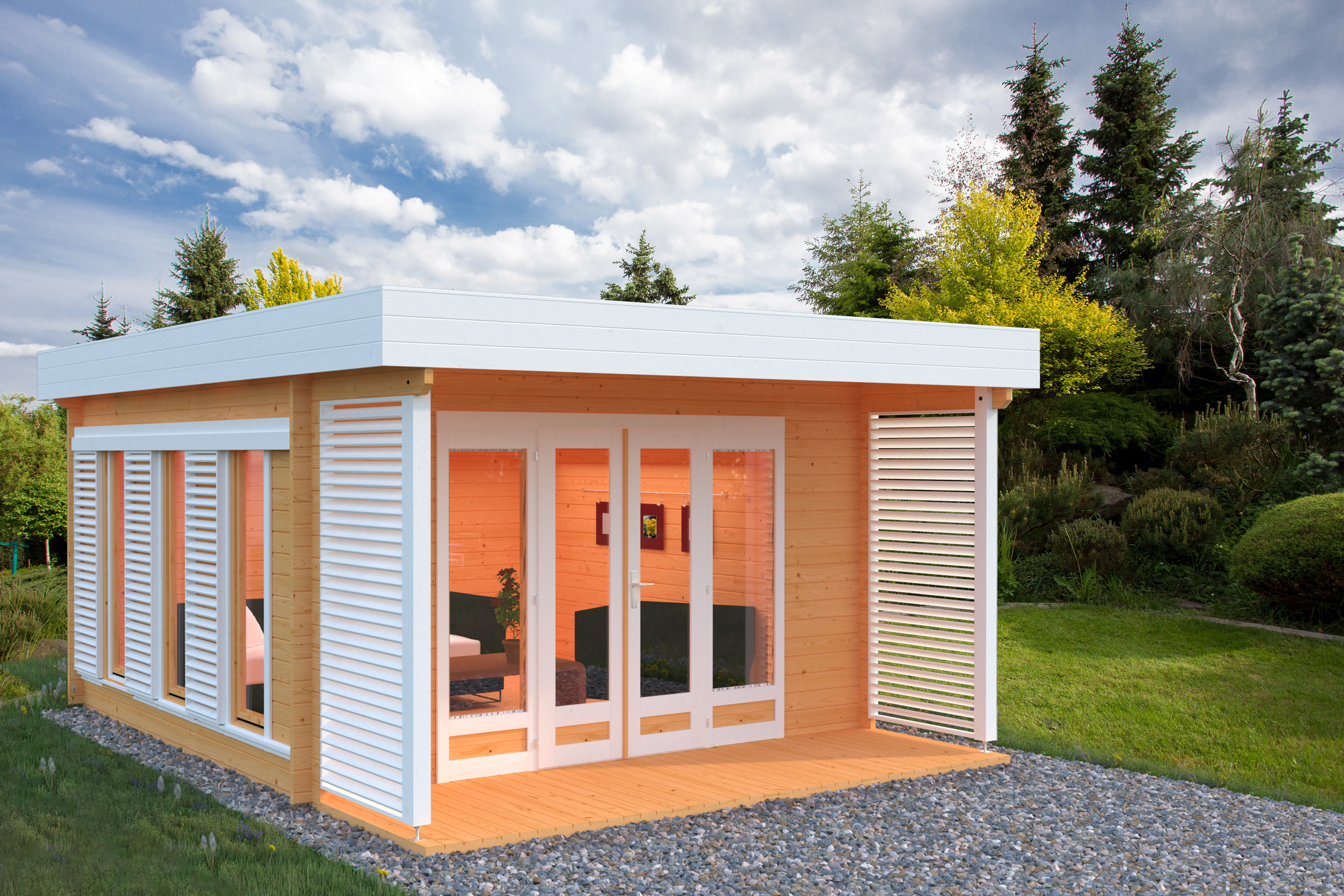 Gartenhaus Caroline 14,5 m² mit Terrasse Stimmungsbild Orange + Weiß