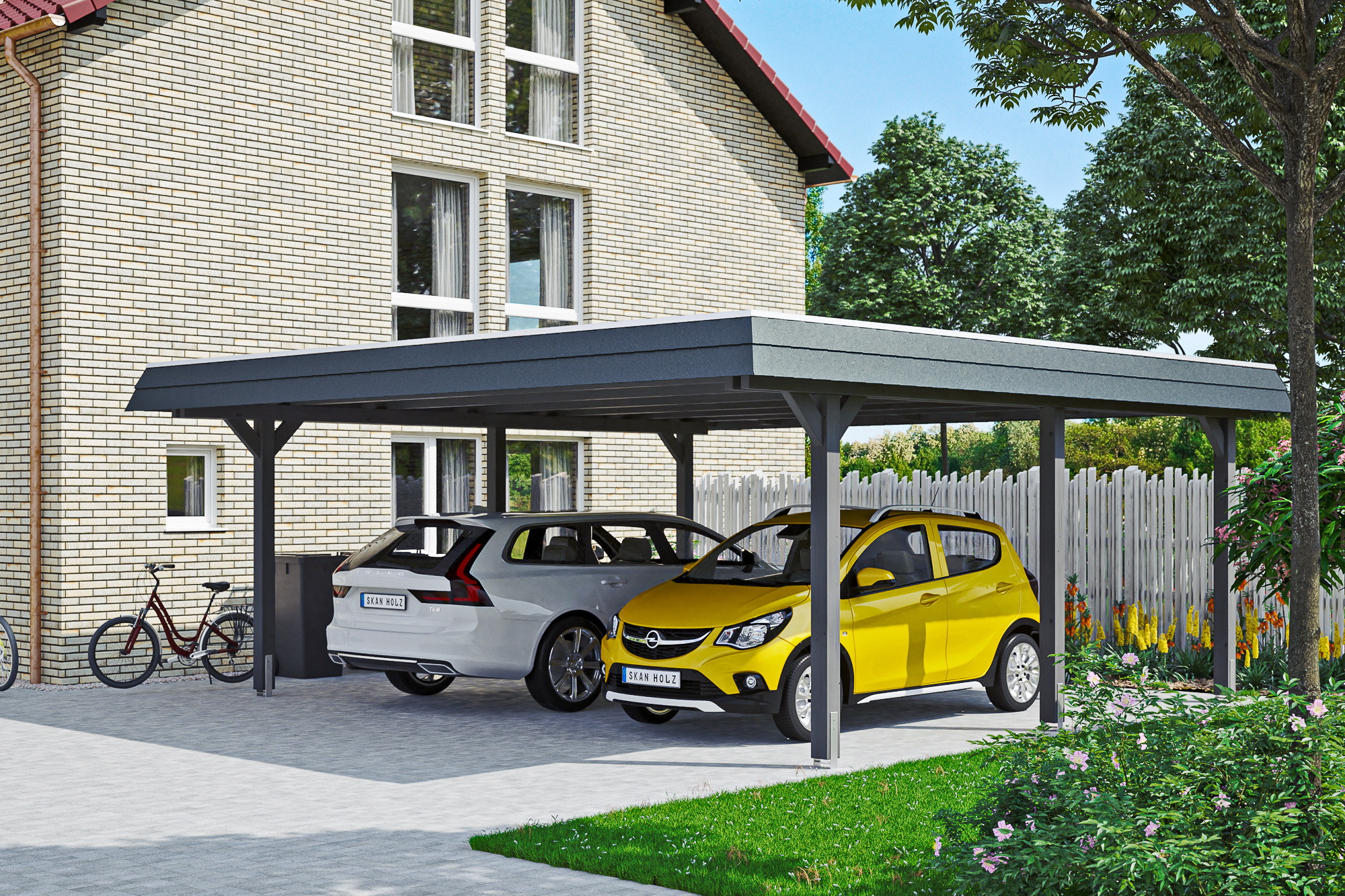 Carport Wendland 5 Schiefergrau schwarze Blende mit Hintergrund