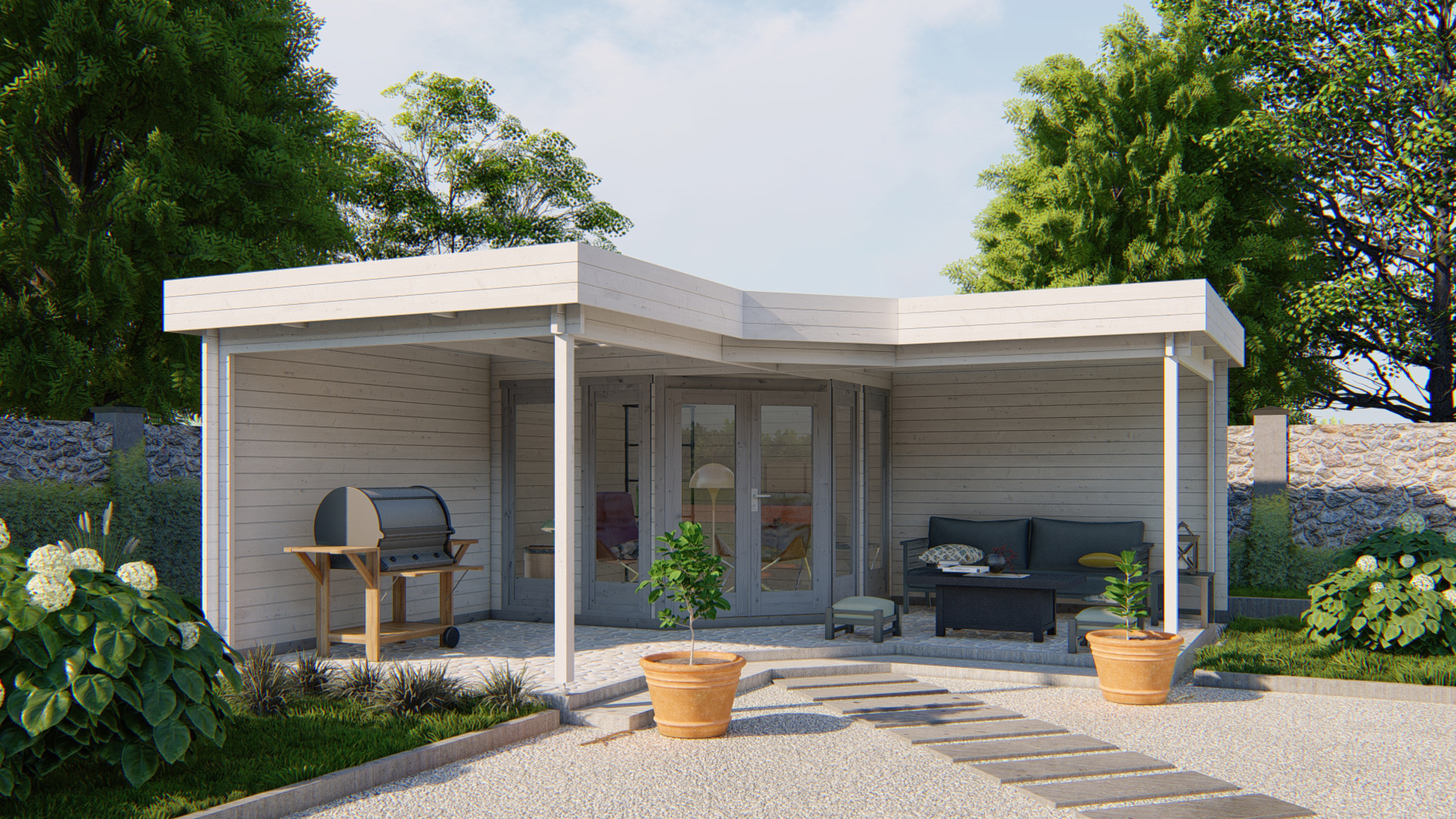 5-Eck-Gartenhaus Funen ISO mit Terrasse