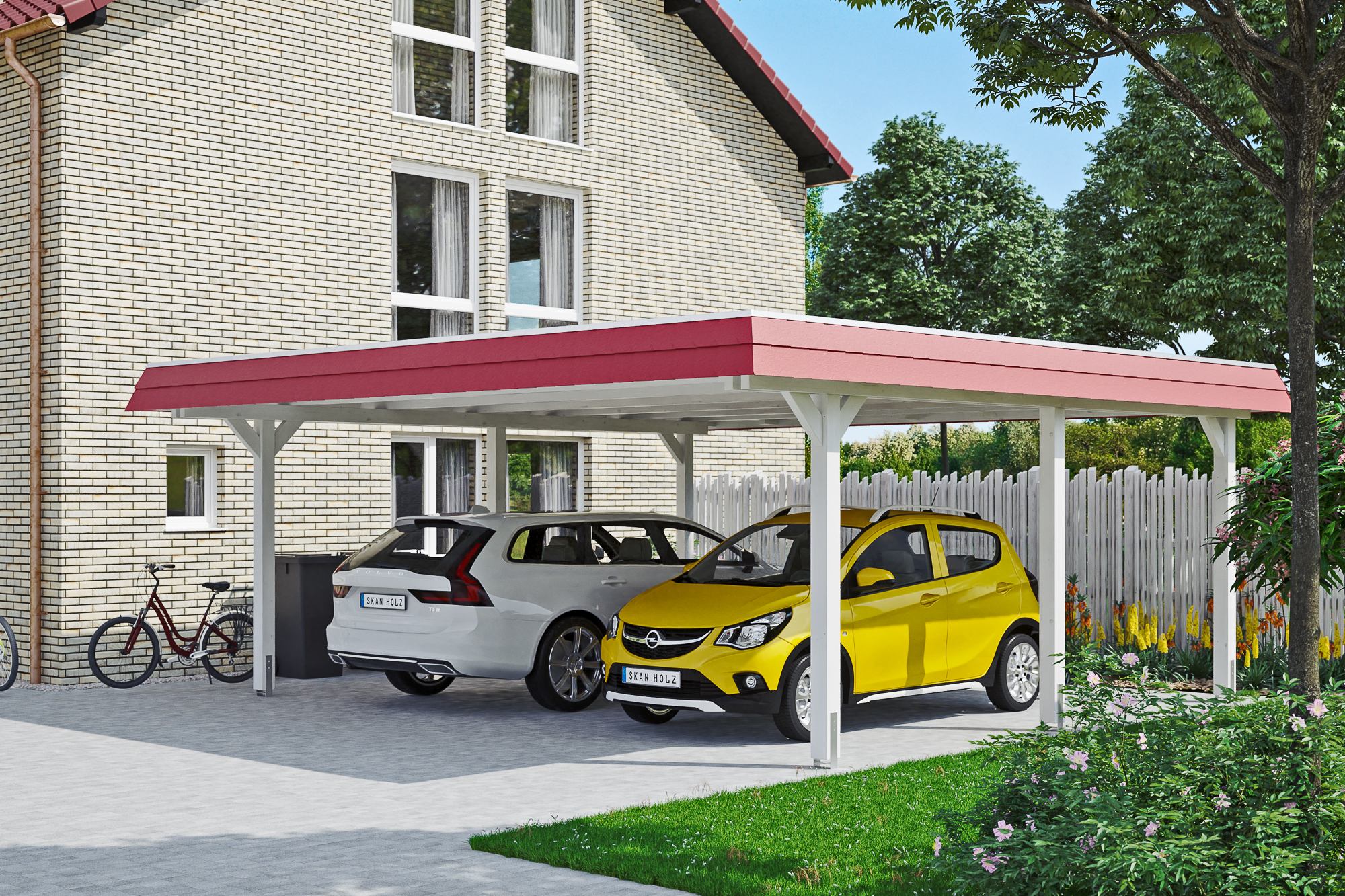 Carport Wendland 5 Weiß rote Blende mit Hintergrund
