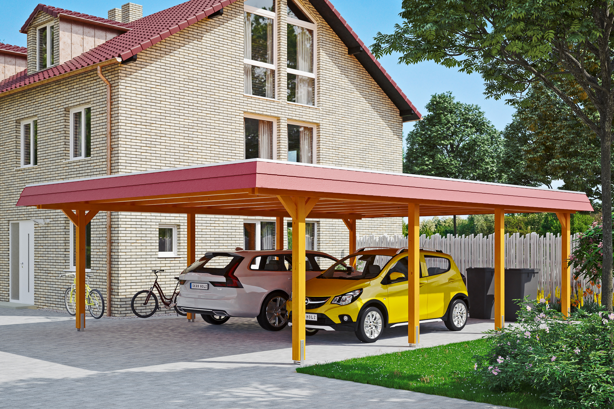 Carport Wendland 6 Eiche hell rote Blende mit Hintergrund