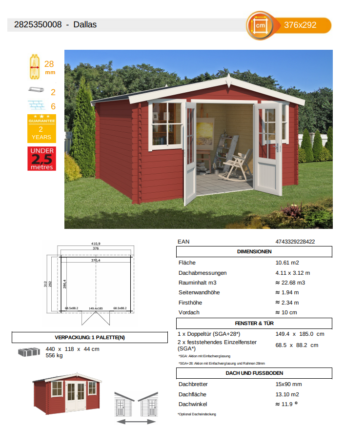 Gartenhaus Dirkje 3 Datenblatt Schwedenrot