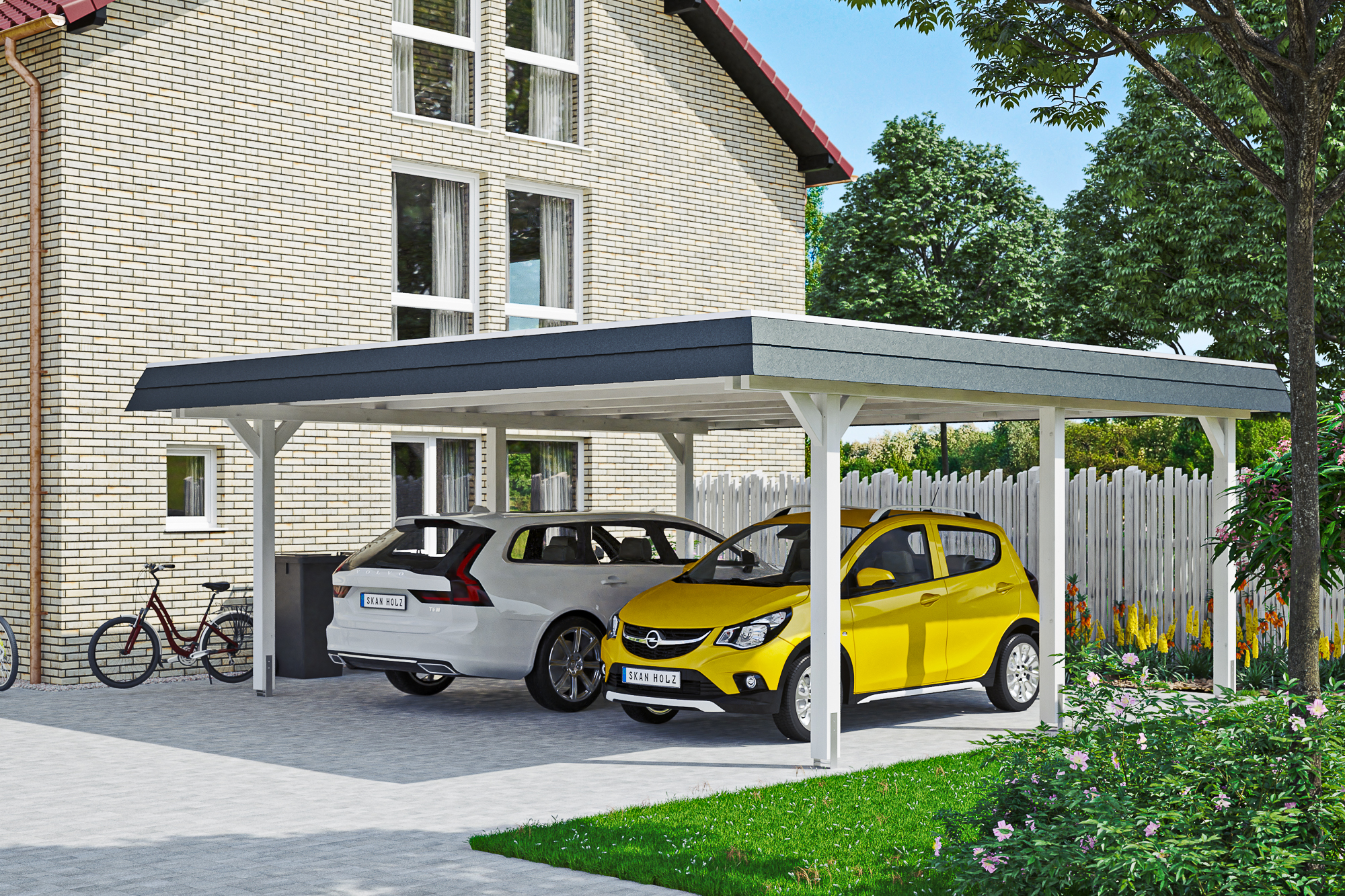 Carport Wendland 5 Weiß schwarze Blende mit Hintergrund