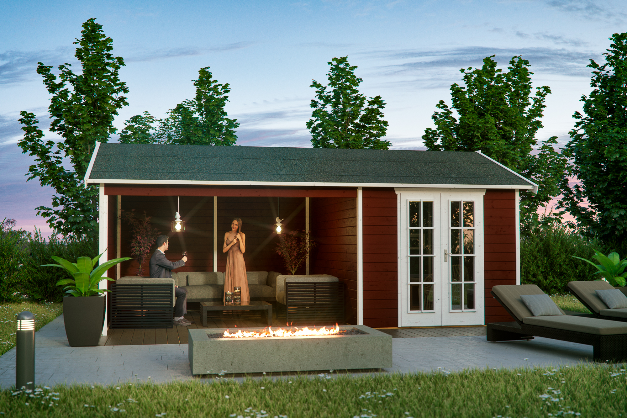 Gartenhaus Tilburg Schwedenrot mit Hintergrund