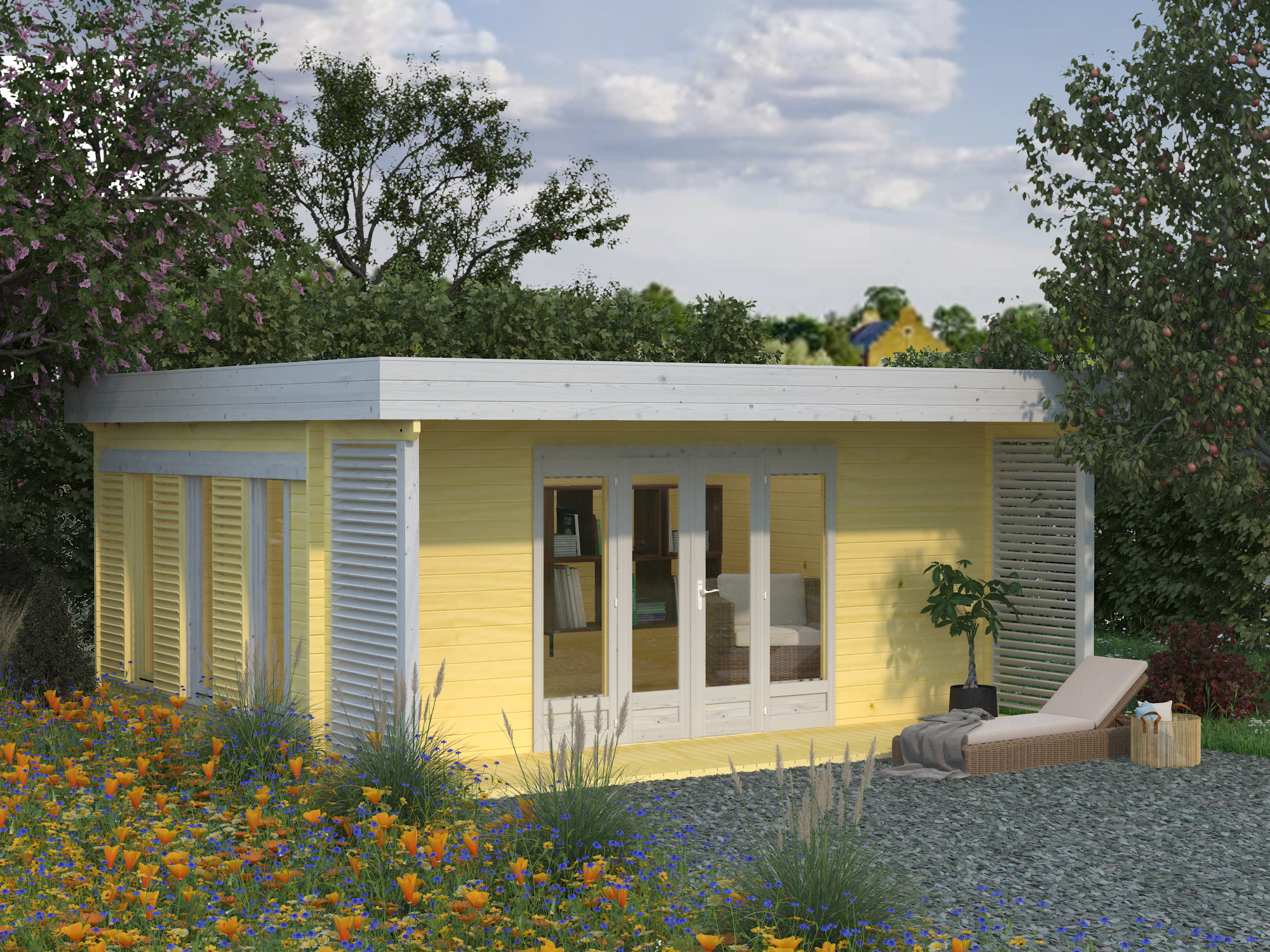 Gartenhaus Caroline 20,2 m² ISO Stimmungsbild gelb + weiß 